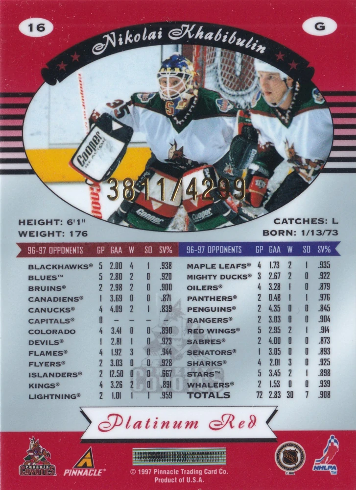 1997-98 Pinnacle Totally Certified - Nikolai Khabibulin - Platinum Red /4299 #16
