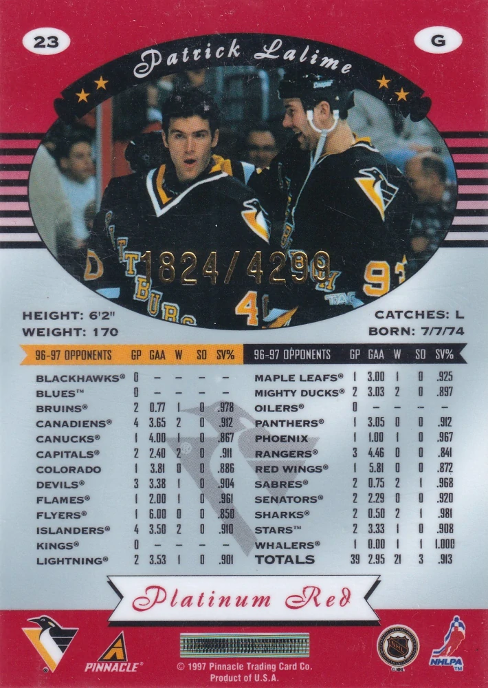 1997-98 Pinnacle Totally Certified - Patrick Lalime - Platinum Red /4299 #23