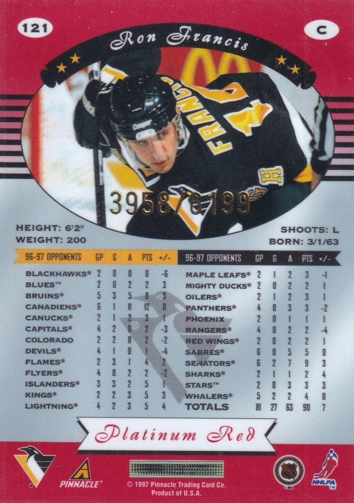 1997-98 Pinnacle Totally Certified - Ron Francis - Platinum Red /6199 #121