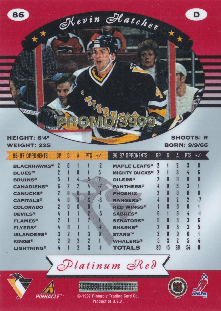 1997-98 Pinnacle Totally Certified - Kevin Hatcher - Platinum Red PROMO /3999 #86