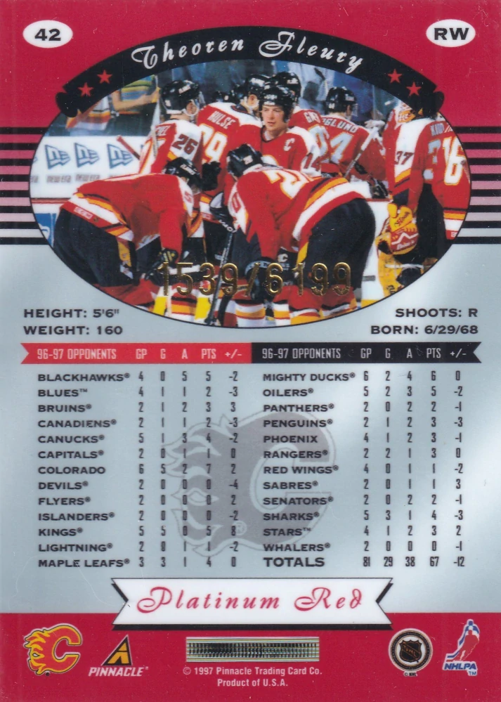 1997-98 Pinnacle Totally Certified - Theoren Fleury - Platinum Red /6199 #42