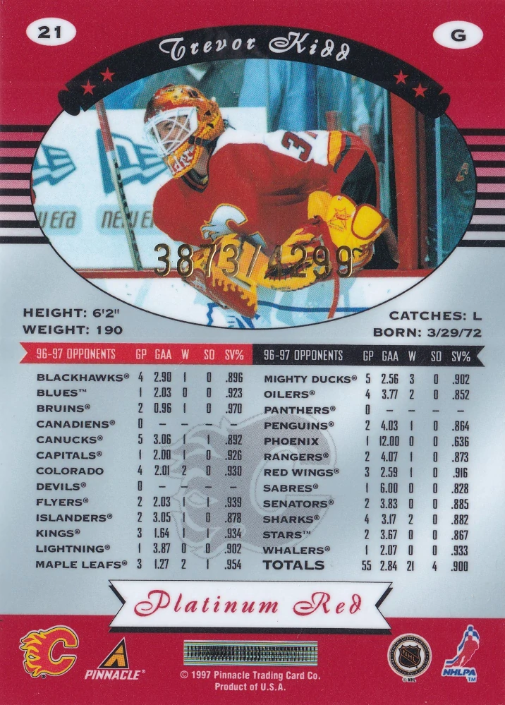 1997-98 Pinnacle Totally Certified - Trevor Kidd - Platinum Red /4299 #21