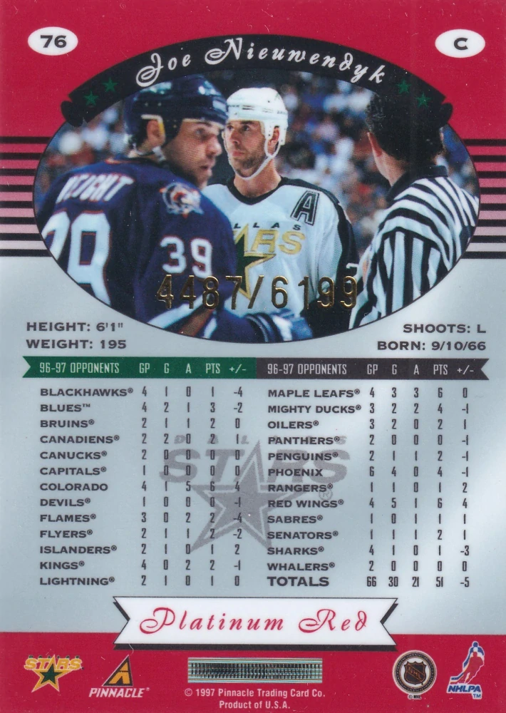 1997-98 Pinnacle Totally Certified - Joe Nieuwendyk - Platinum Red /6199 #76