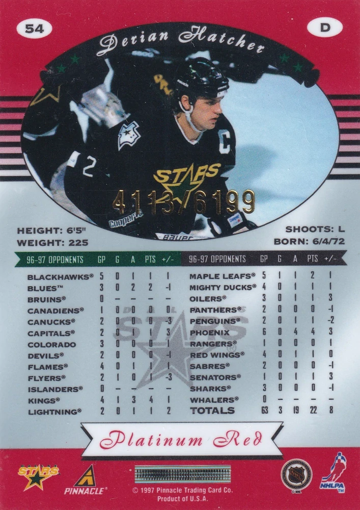1997-98 Pinnacle Totally Certified - Derian Hatcher - Platinum Red /6199 #54