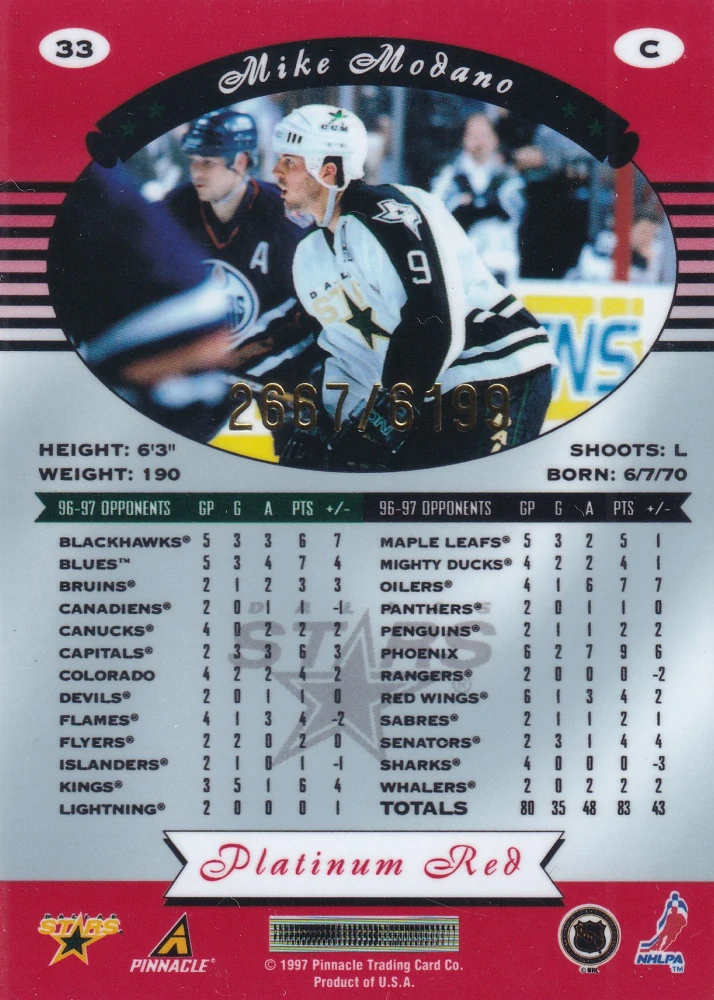 1997-98 Pinnacle Totally Certified - Mike Modano - Platinum Red /6199 #33