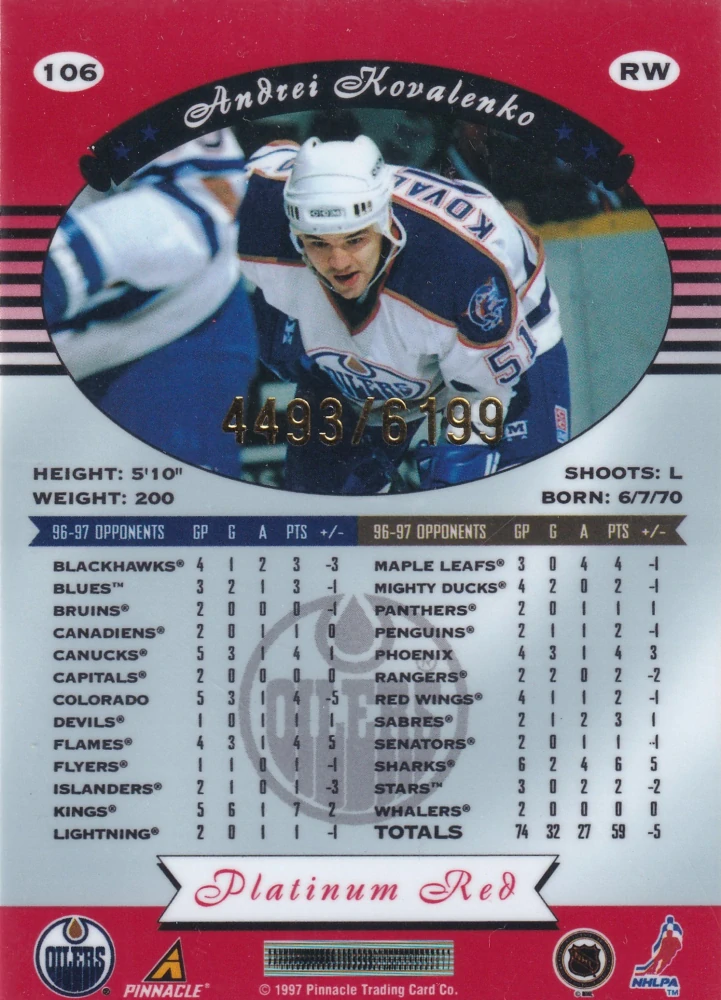 1997-98 Pinnacle Totally Certified - Andrei Kovalenko - Platinum Red /6199 #106