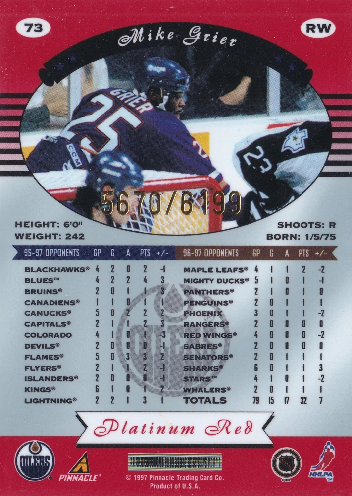 1997-98 Pinnacle Totally Certified - Mike Grier - Platinum Red /6199 #73