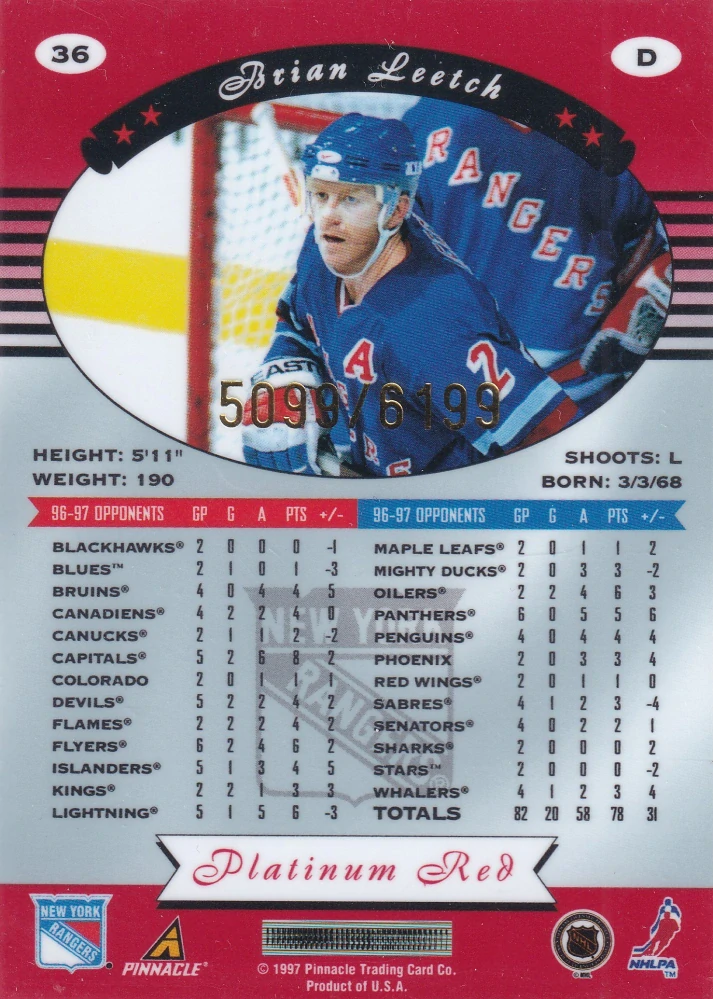 1997-98 Pinnacle Totally Certified - Brian Leetch - Platinum Red /6199 #36