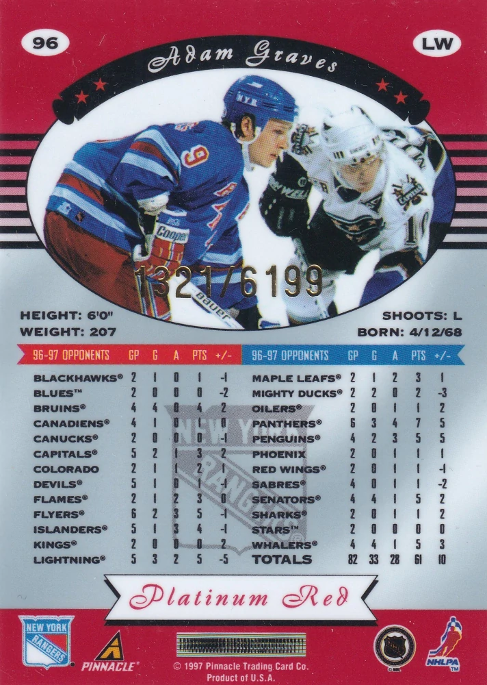 1997-98 Pinnacle Totally Certified - Adam Graves - Platinum Red /6199 #96