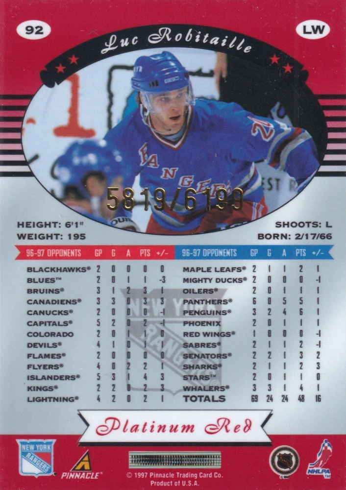 1997-98 Pinnacle Totally Certified - Luc Robitaille - Platinum Red /6199 #92