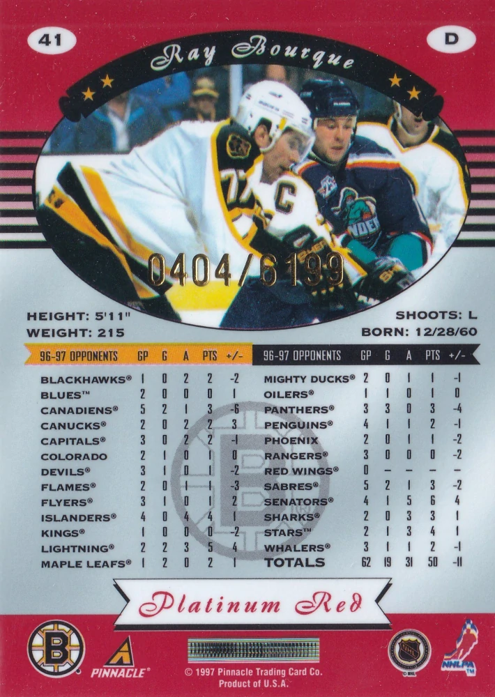 1997-98 Pinnacle Totally Certified - Ray Bourque - Platinum Red /6199 #41