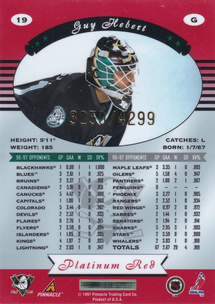 1997-98 Pinnacle Totally Certified - Guy Hebert - Platinum Red /4299 #19