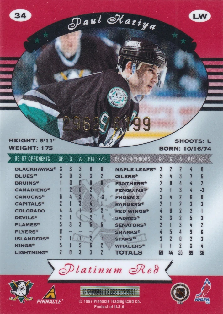1997-98 Pinnacle Totally Certified - Paul Kariya - Platinum Red /6199 #34