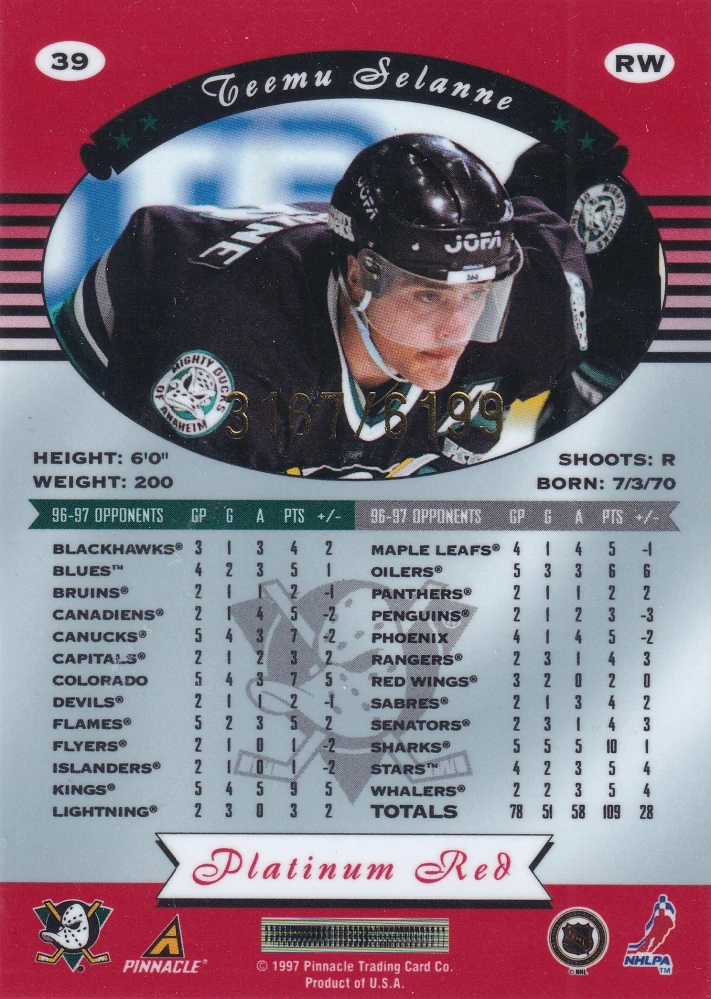 1997-98 Pinnacle Totally Certified - Teemu Selanne - Platinum Red /6199 #39