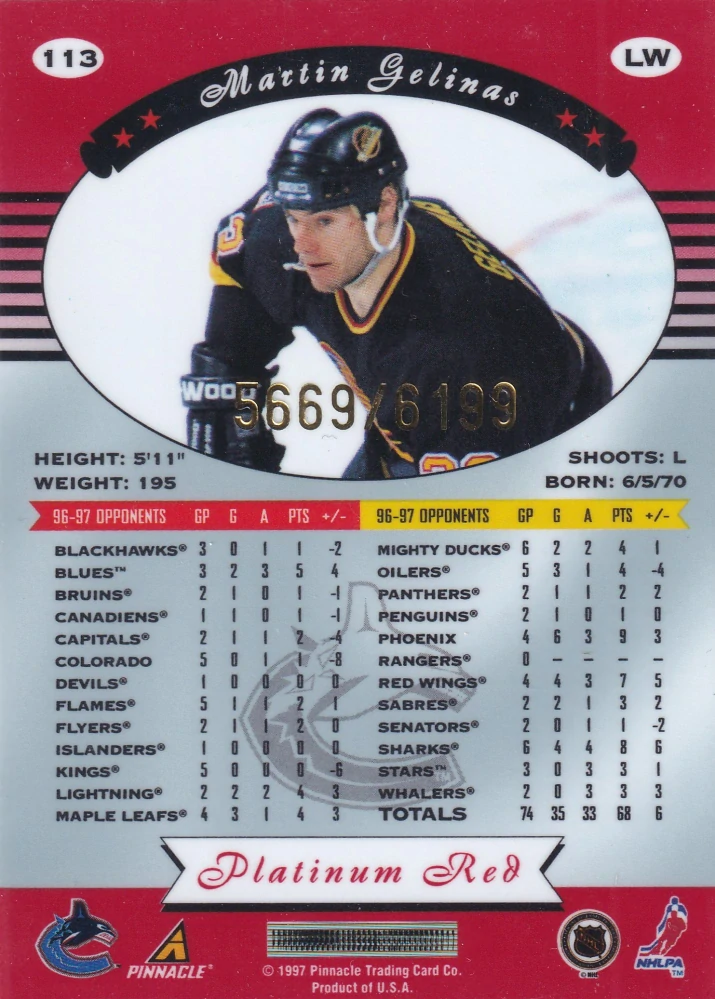 1997-98 Pinnacle Totally Certified - Martin Gelinas - Platinum Red /6199 #113