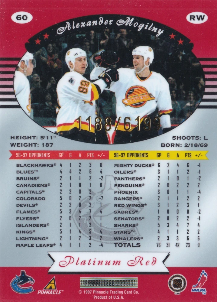 1997-98 Pinnacle Totally Certified - Alexander Mogilny - Platinum Red /6199 #60