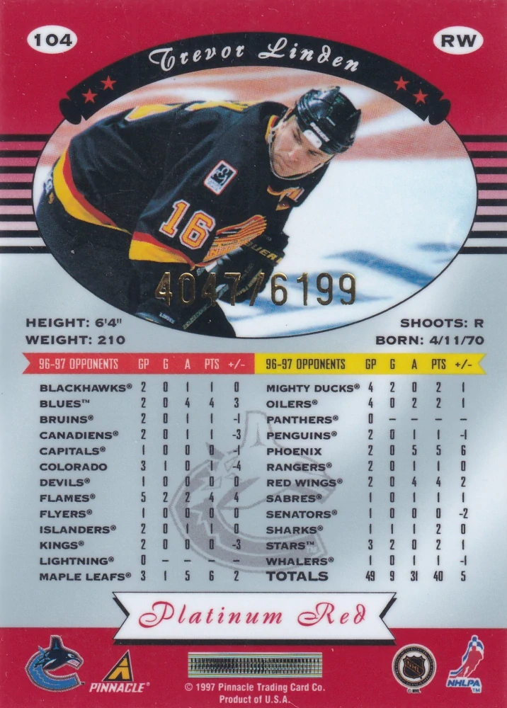 1997-98 Pinnacle Totally Certified - Trevor Linden - Platinum Red /6199 #104