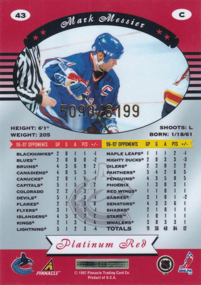 1997-98 Pinnacle Totally Certified - Mark Messier - Platinum Red /6199 #43