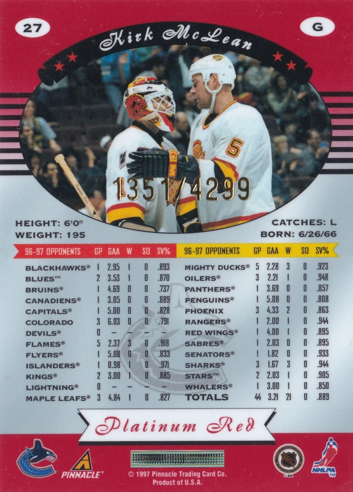 1997-98 Pinnacle Totally Certified - Kirk McLean - Platinum Red /4299 #27