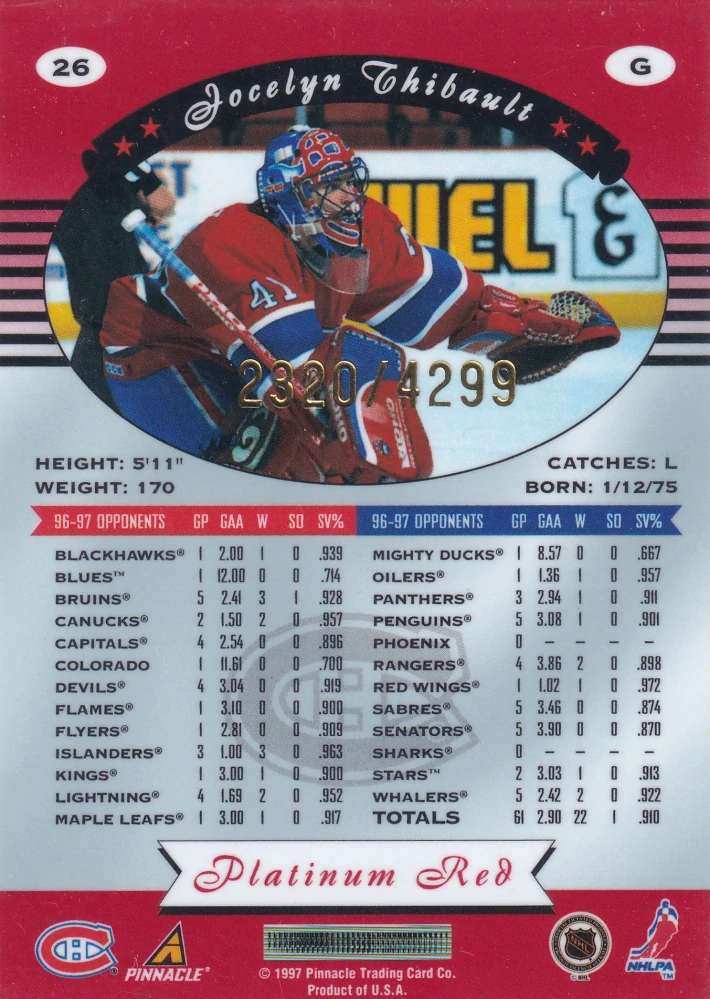 1997-98 Pinnacle Totally Certified - Jocelyn Thibault - Platinum Red /4299 #26
