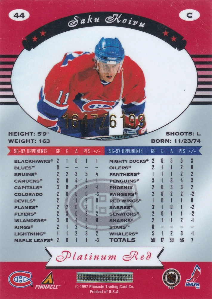 1997-98 Pinnacle Totally Certified - Saku Koivu - Platinum Red /6199 #44