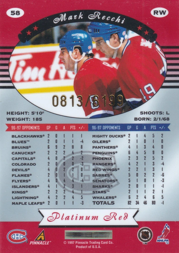 1997-98 Pinnacle Totally Certified - Mark Recchi - Platinum Red /6199 #58