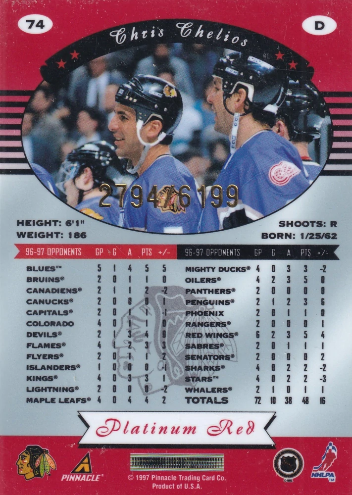 1997-98 Pinnacle Totally Certified - Chris Chelios - Platinum Red /6199 #74