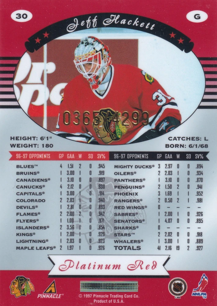 1997-98 Pinnacle Totally Certified - Jeff Hackett - Platinum Red /4299 #30