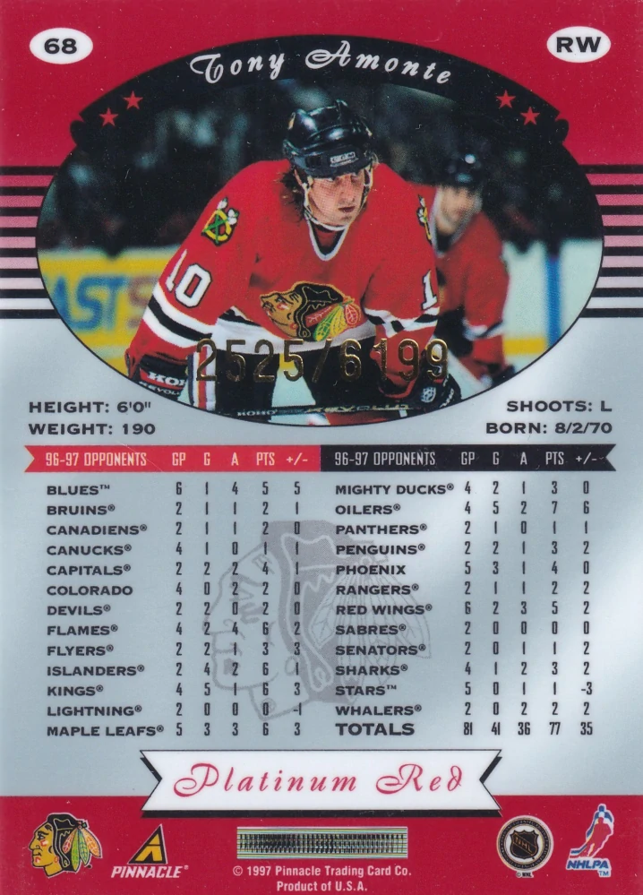 1997-98 Pinnacle Totally Certified - Tony Amonte - Platinum Red /6199 #68