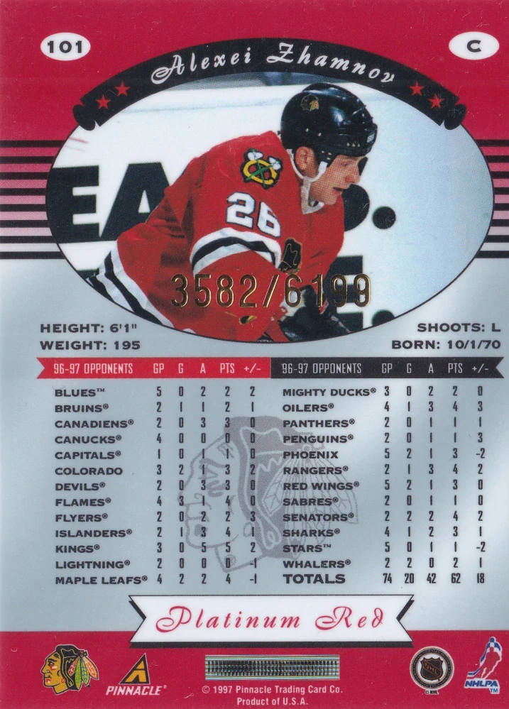 1997-98 Pinnacle Totally Certified - Alexei Zhamnov - Platinum Red /6199 #101