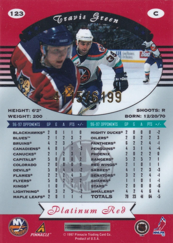 1997-98 Pinnacle Totally Certified - Travis Green - Platinum Red /6199 #123