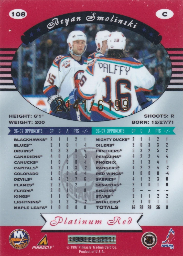 1997-98 Pinnacle Totally Certified - Brian Smolinski - Platinum Red /6199 #108