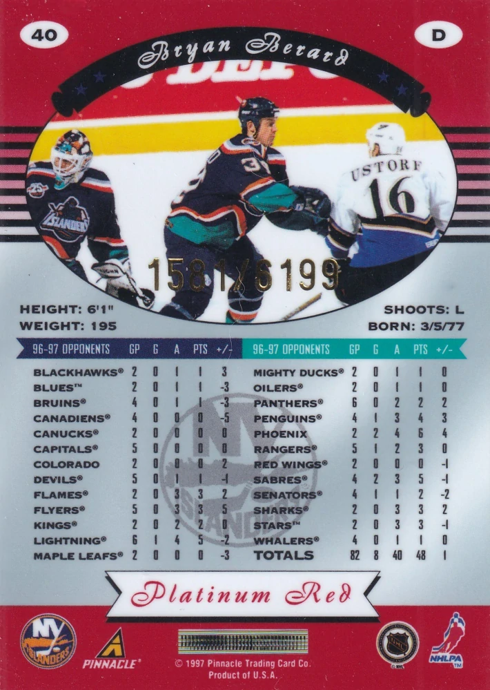 1997-98 Pinnacle Totally Certified - Bryan Berard - Platinum Red /6199 #40