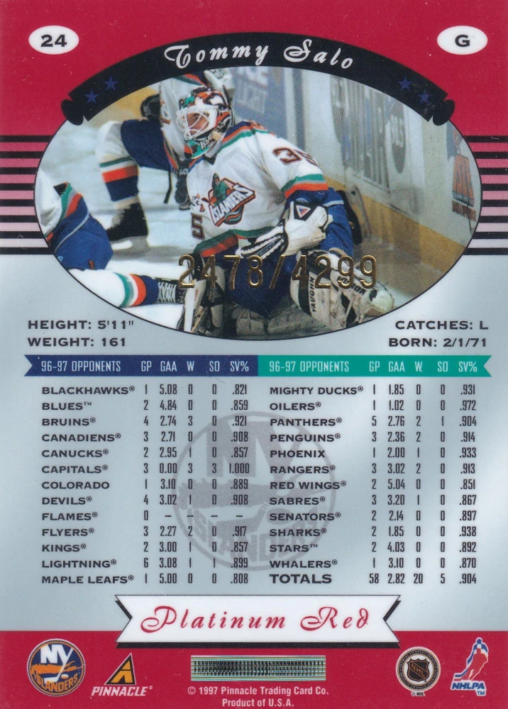 1997-98 Pinnacle Totally Certified - Tommy Salo - Platinum Red /4299 #24