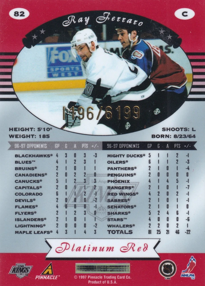1997-98 Pinnacle Totally Certified - Ray Ferraro - Platinum Red /6199 #82