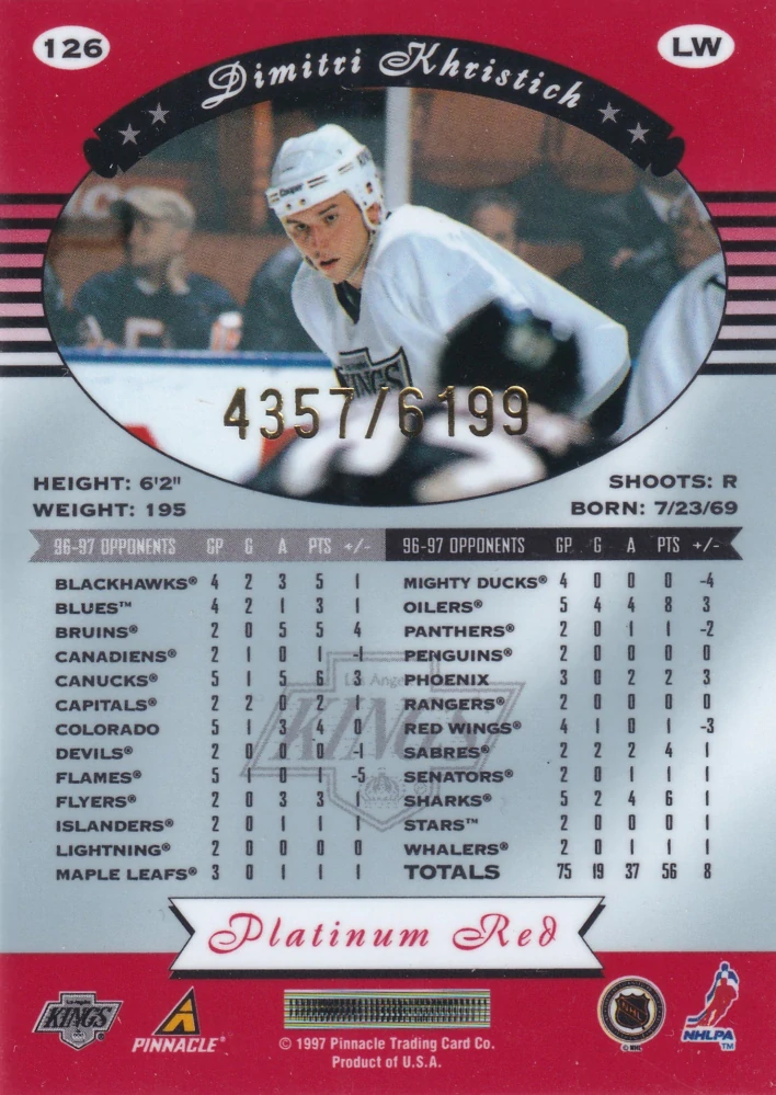 1997-98 Pinnacle Totally Certified - Dimitri Khristich - Platinum Red /6199 #126