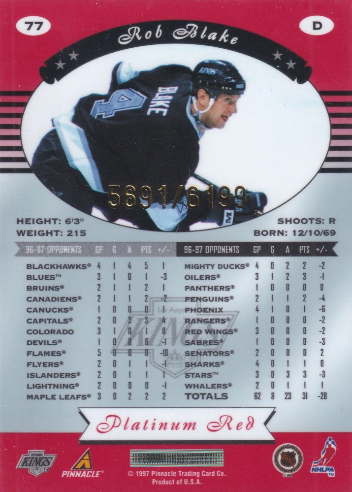 1997-98 Pinnacle Totally Certified - Rob Blake - Platinum Red /6199 #77