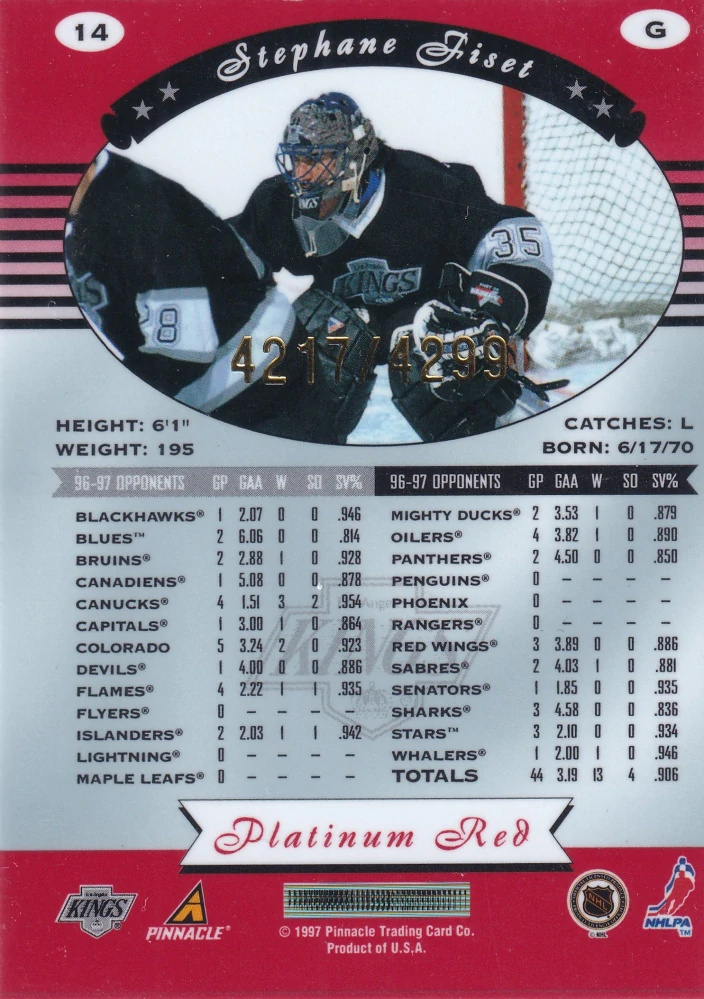 1997-98 Pinnacle Totally Certified - Stephane Fiset - Platinum Red /4299 #14