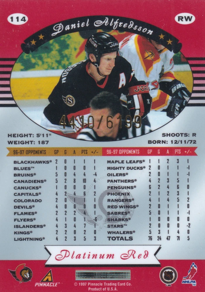 1997-98 Pinnacle Totally Certified - Daniel Alfredsson - Platinum Red /6199 #114
