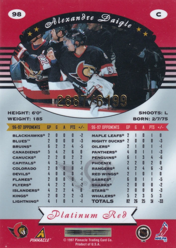 1997-98 Pinnacle Totally Certified - Alexandre Daigle - Platinum Red /6199 #98