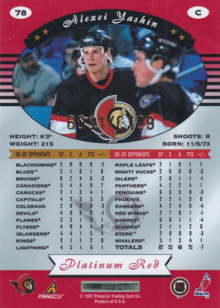 1997-98 Pinnacle Totally Certified - Alexei Yashin - Platinum Red /6199 #78