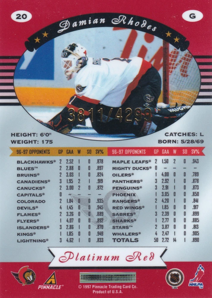 1997-98 Pinnacle Totally Certified - Damian Rhodes - Platinum Red /4299 #20