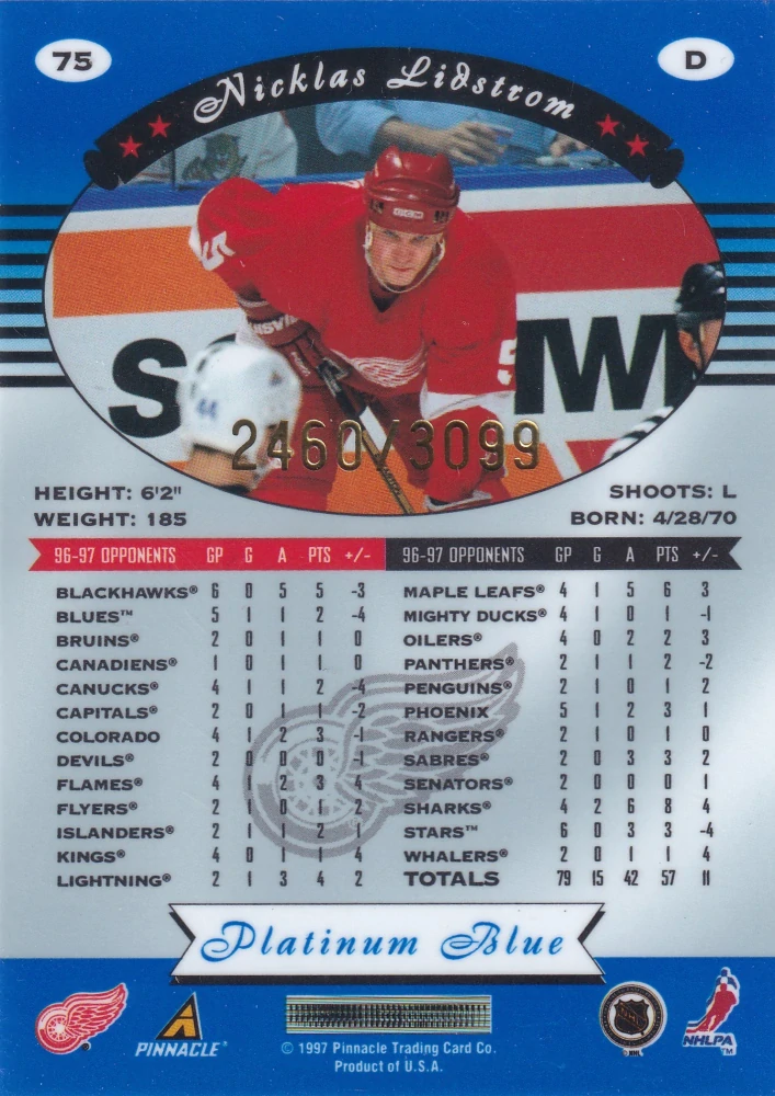 1997-98 Pinnacle Totally Certified - Nicklas Lidstrom - Platinum Blue /3099 #75