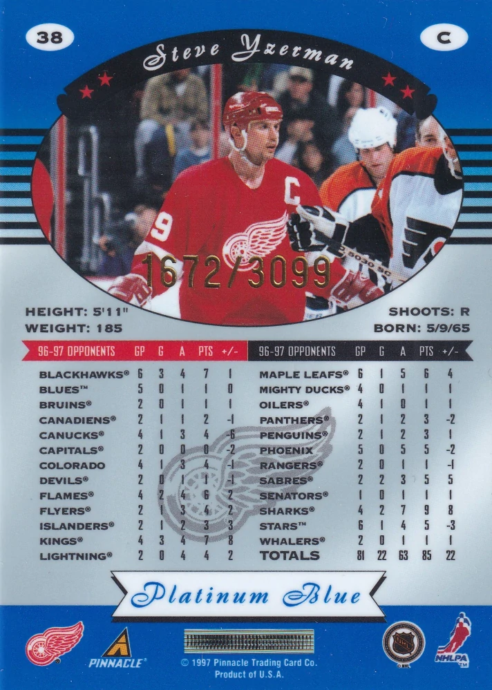1997-98 Pinnacle Totally Certified - Steve Yzerman - Platinum Blue /3099 #38