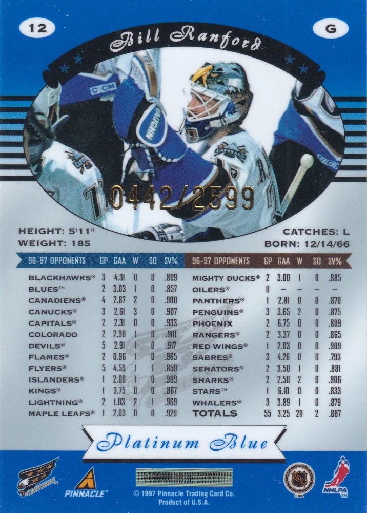 1997-98 Pinnacle Totally Certified - Bill Ranford - Platinum Blue /2599 #12