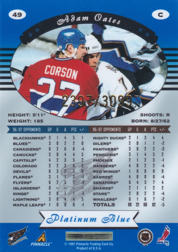 1997-98 Pinnacle Totally Certified - Adam Oates - Platinum Blue /3099 #49