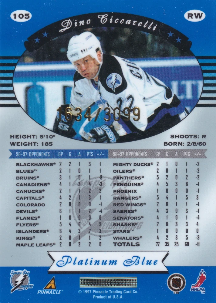 1997-98 Pinnacle Totally Certified - Dino Ciccarelli - Platinum Blue /3099 #105