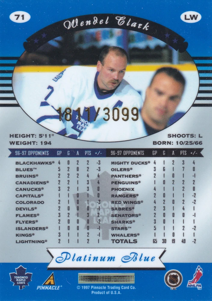 1997-98 Pinnacle Totally Certified - Wendel Clark - Platinum Blue /3099 #71