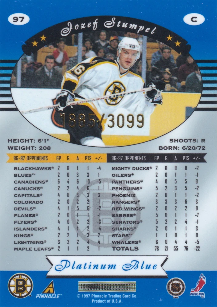 1997-98 Pinnacle Totally Certified - Jozef Stumpel - Platinum Blue /3099 #97
