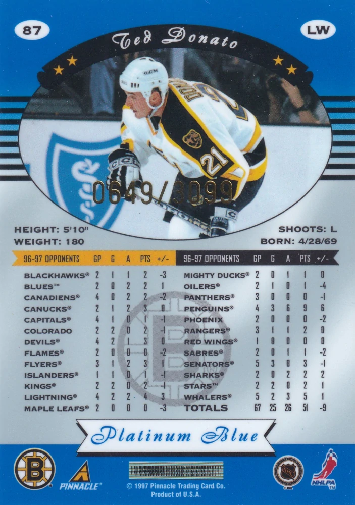 1997-98 Pinnacle Totally Certified - Ted Donato - Platinum Blue /3099 #87